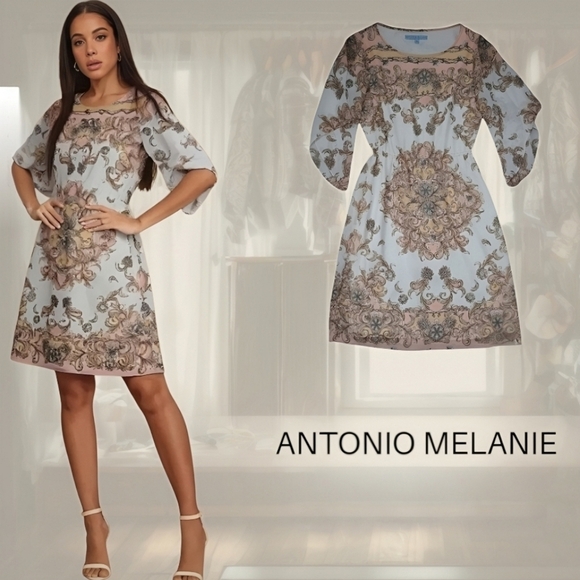 Antonio Melanie Dress Neutral Paisley Print Bell 3/4 Sleeve Elegant Size 0 - Picture 2 of 16
